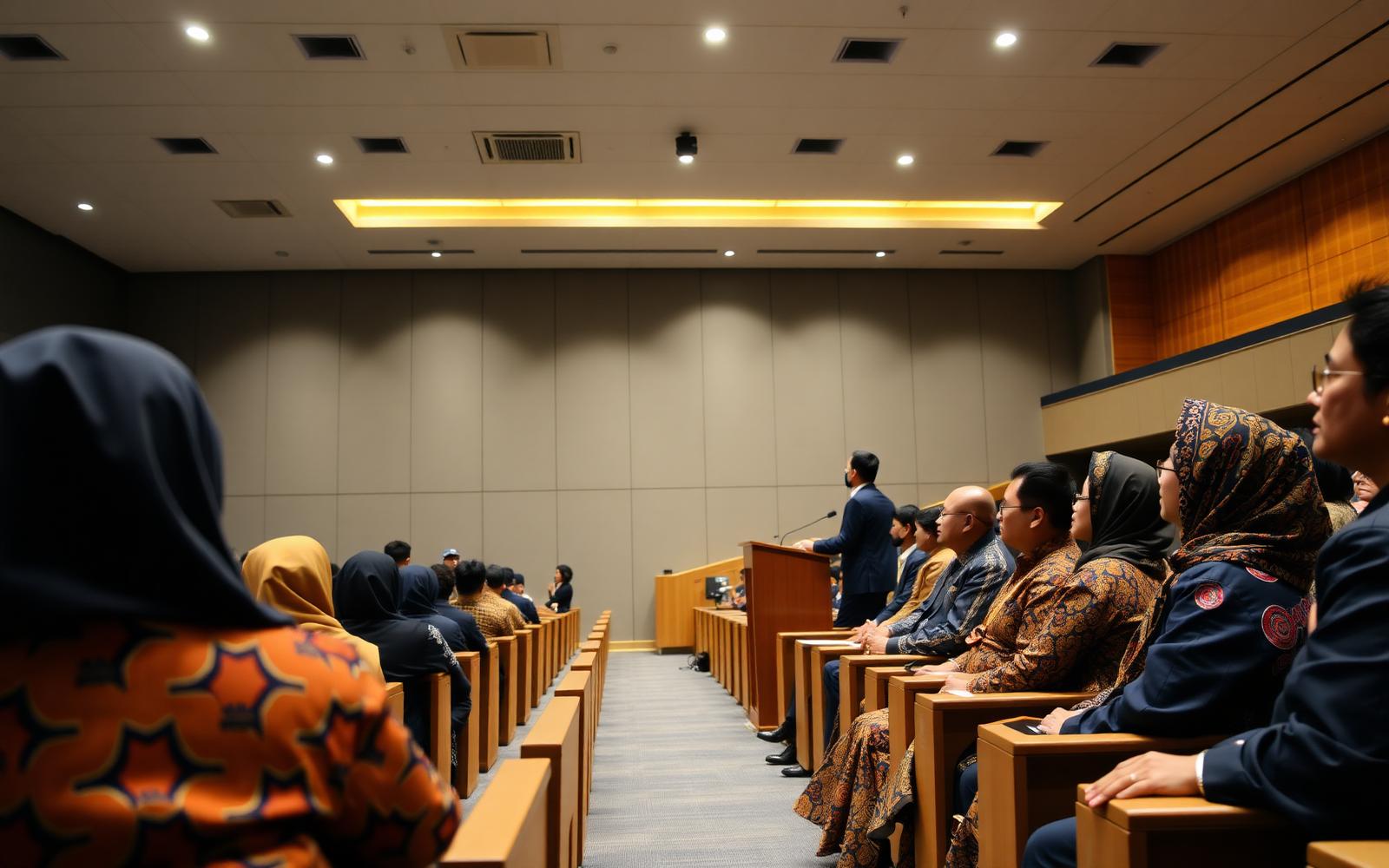 Peserta konferensi akademik pendidikan ekonomi di auditorium kampus Indonesia